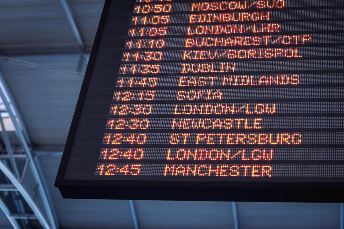 Airport departure board with international destinations