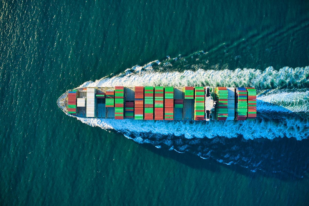Aerial view of container ship at sea